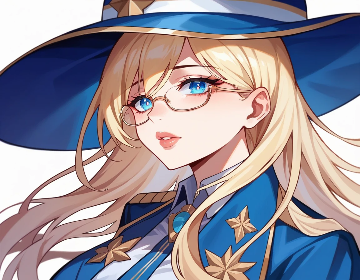 1girl, beautiful detailed eyes, beautiful detailed lips, extremely detailed face, blonde hair, anime style, girl in uniform, wearing hat, wearing glasses, azure lane, blond haired deity, fine details, high quality, 8k, ultra-detailed, physically-based rendering, vivid colors, masterpiece