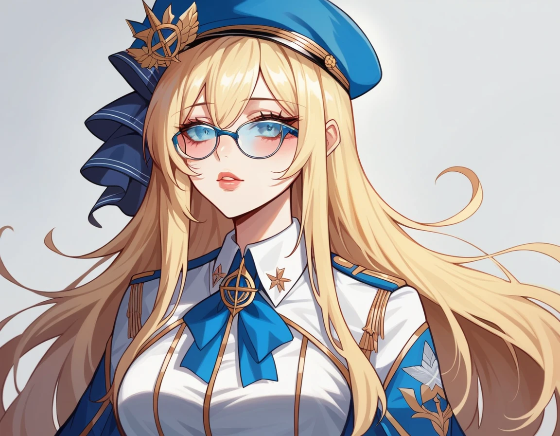 1girl, beautiful detailed eyes, beautiful detailed lips, extremely detailed face, blonde hair, anime style, girl in uniform, wearing hat, wearing glasses, azure lane, blond haired deity, fine details, high quality, 8k, ultra-detailed, physically-based rendering, vivid colors, masterpiece