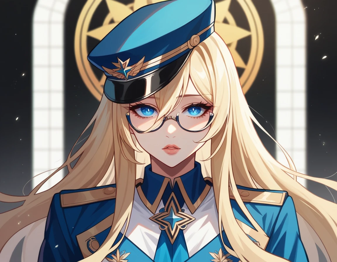 1girl, beautiful detailed eyes, beautiful detailed lips, extremely detailed face, blonde hair, anime style, girl in uniform, wearing hat, wearing glasses, azure lane, blond haired deity, fine details, high quality, 8k, ultra-detailed, physically-based rendering, vivid colors, masterpiece