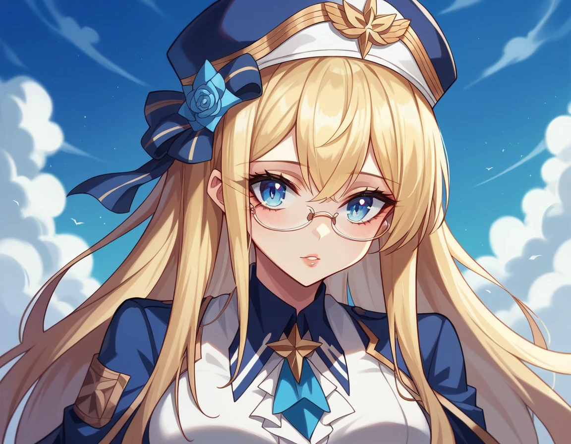 1girl, beautiful detailed eyes, beautiful detailed lips, extremely detailed face, blonde hair, anime style, girl in uniform, wearing hat, wearing glasses, azure lane, blond haired deity, fine details, high quality, 8k, ultra-detailed, physically-based rendering, vivid colors, masterpiece