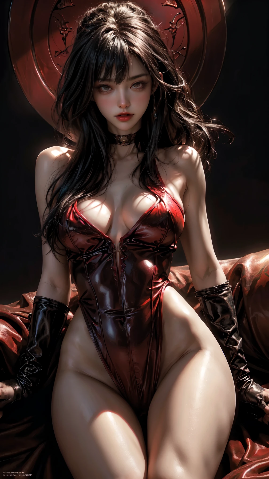 sexy vampirella wearing a deep V red swimsuit, red eyes, blood splatter drops, blood splatter, nighttime in graveyard, full moon, bats, side view,  athletic and fit body, naughty, slutty, perfect hands, detailed hands, perfect eyes, detailed eyes,  flirty, sexy, naughty, posing, hands and arms at sides, large perky boobs, realistic, HDR, UHD, dynamic