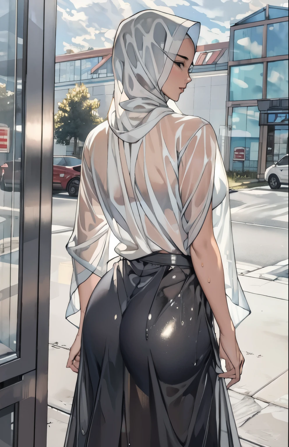 masterpiece, hyper-realistic, wet hijab, wet long shirt, wet long skirt, transparent, cloudy, grocery store front, no bra, light comes in from behind the clothes