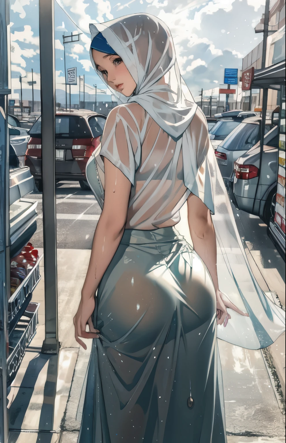 masterpiece, hyper-realistic, wet hijab, wet long shirt, wet long skirt, transparent, cloudy, grocery store front, no bra, light comes in from behind the clothes