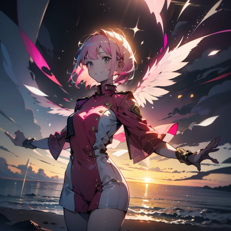 1.5),(1 girl),(Dynamic Pose),(multicolored hair+Silver hair:1.3+Red hair:1.2+Purple hair+Yellow hair:1.3+Green hair:1.3),(Blue eyes),(Neck ribbon),(floating),(cloud),(Too many drops of water),(Twilight),(watercolor paiting),(Wide Shot),anklets,sandal,Naked,