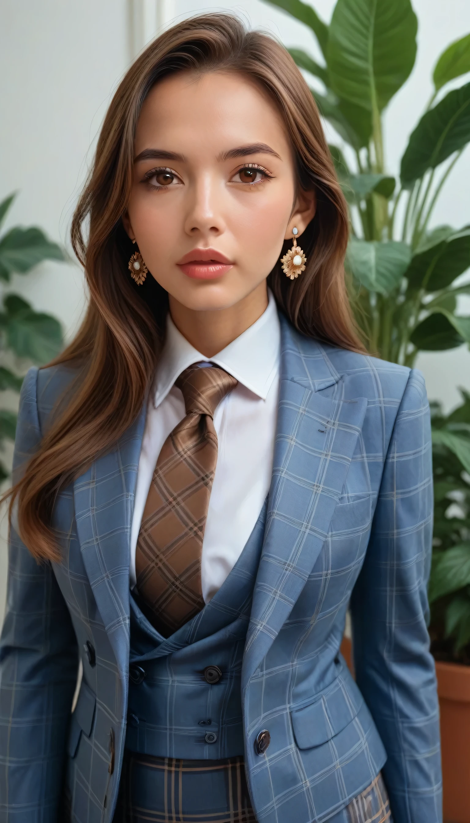 Arafed woman in a blue suit and brown tie posing for a picture - SeaArt AI