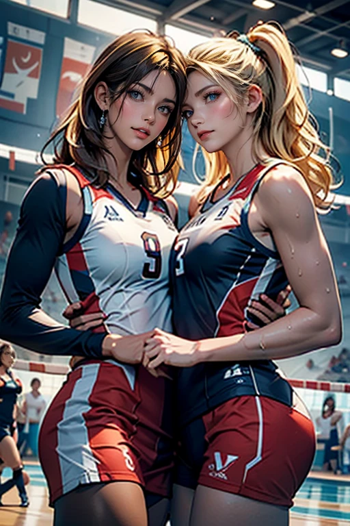 Two women kissing side by side, Wearing a white and blue volleyball suit, No sleeve, At the same height, (Brunette, Sunburned) (Blonde), small, Sweaty chest, masterpiece, highest quality, Great Shadows, Detailed Background, Silk Shot