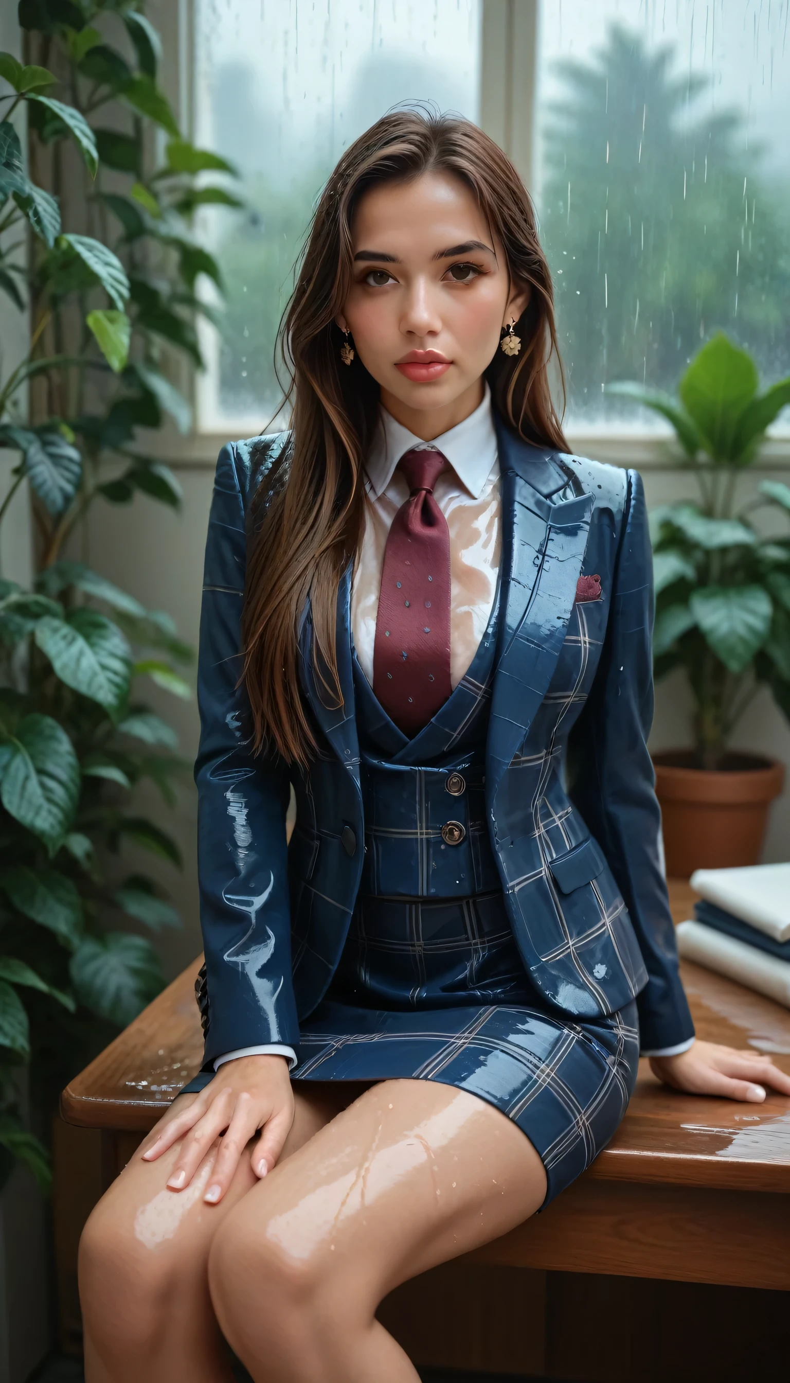 score_9, score_8_up, score_7_up, source_anime, hi res, masterpiece, best quality, highres, three-piece suit, 1girl, jewelry, formal, brown eyes, long hair, earrings, suit, lips, looking at viewer, white shirt, brown hair, buttons, plant, striped, necktie, blue jacket, plaid pattern, sitting on desk, high heels, skirt, wet clothes, soaked, rain, shower, wet hair, wet skin, glossy clothing