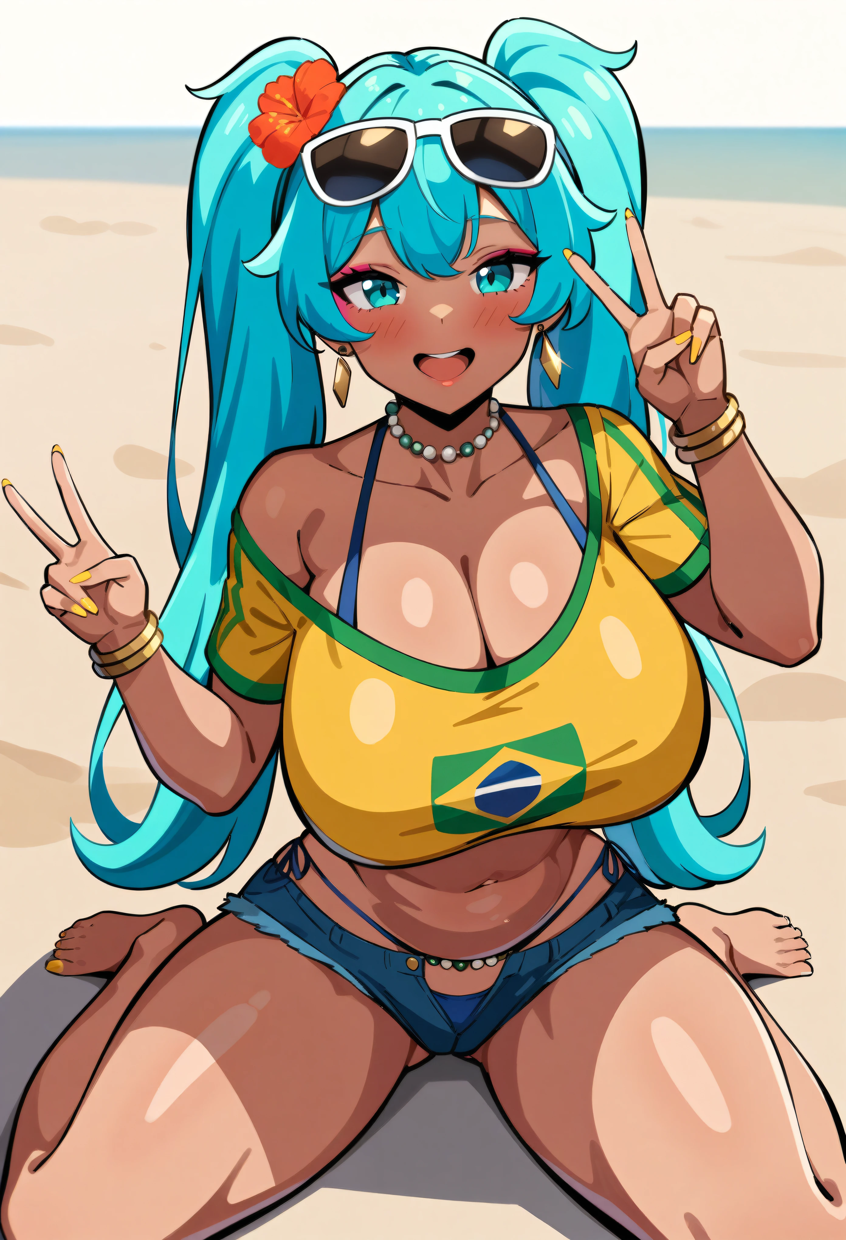 (anime art style:1.0), 2d, masterpiece, best quality, very aesthetic, absurdres, dynamic shadows, atmosferic, brazilian_miku, 1girl, solo, aqua hair, (twintails), bangs, aqua eyes, big breasts, (curvy body), makeup, blush, collarbone, cleavage, blue garters, blue panties, yellow crop top, denim shorts, micro shorts, off shoulder, short sleeves, sunglasses on head, flower on hair, bead choker, belly chain, gold earrings, gold bracelet, (dark skin:0.2), smile, opened mouth, cowboy shot, from front, (v), sitting, wariza, opened legs, (looking at viewer:1.0), beach, sea, clouds