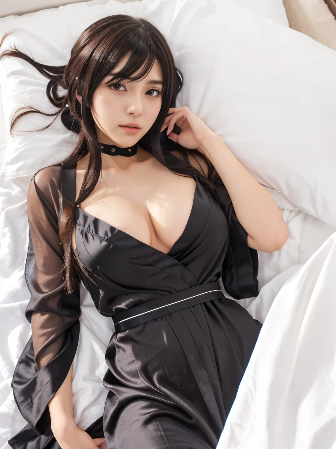 8K quality、High definition、Particles of light（0.5）、High definitionの瞳、slender、Ripe body、Soft Breasts、Black satin dress、Red lipstick、royal palace、princess、Lead your servant to bed、Wriggle on the bed