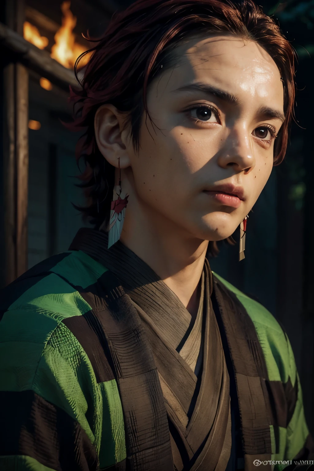 realistic kamado tanjiro, fire background, deep red hair, green and black checkered haori, boy, detailed face, beautiful eyes, detailed lips, expressive face, dynamic pose, intricate details, warm lighting, vibrant colors, cinematic composition, photorealistic, 8k, best quality, masterpiece, red marking on left forehead