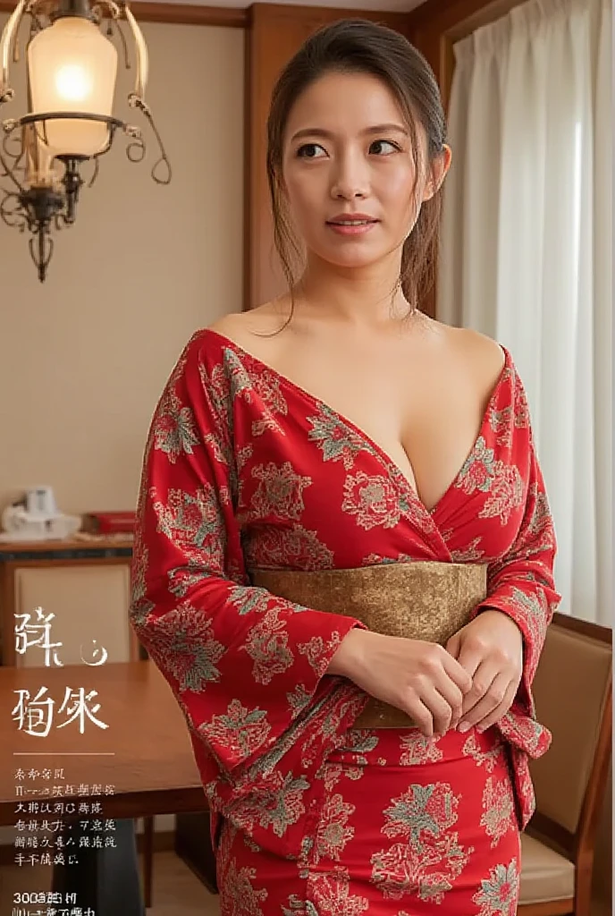 Japanese AVMagazine cover,Japanese women(Wearing an off-shoulder kimono),Huge Breasts，UHD, masterpiece, high details, high quality, best quality, highres