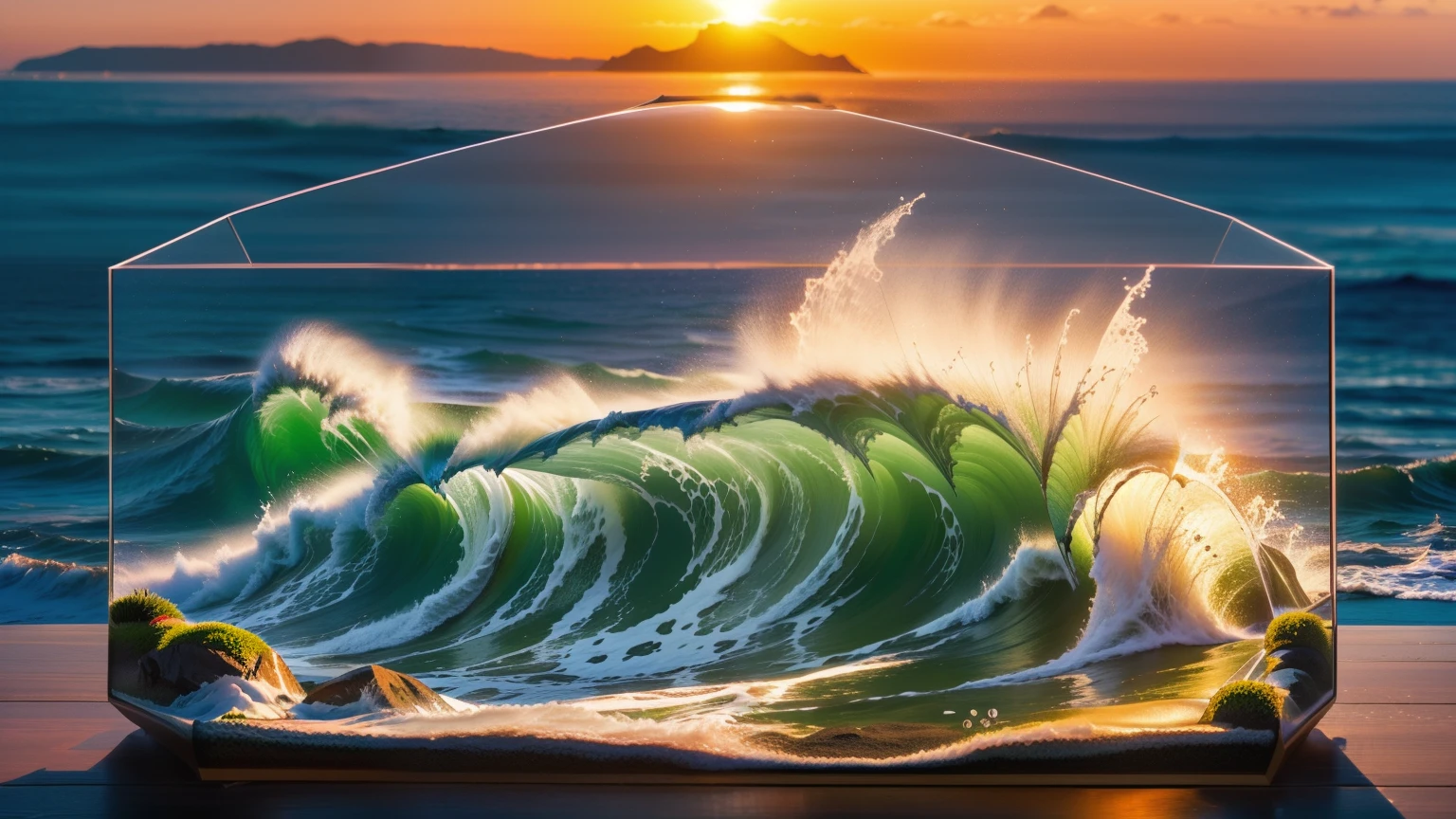 Waves crashing against rugged cliffs at sunset, terrarium