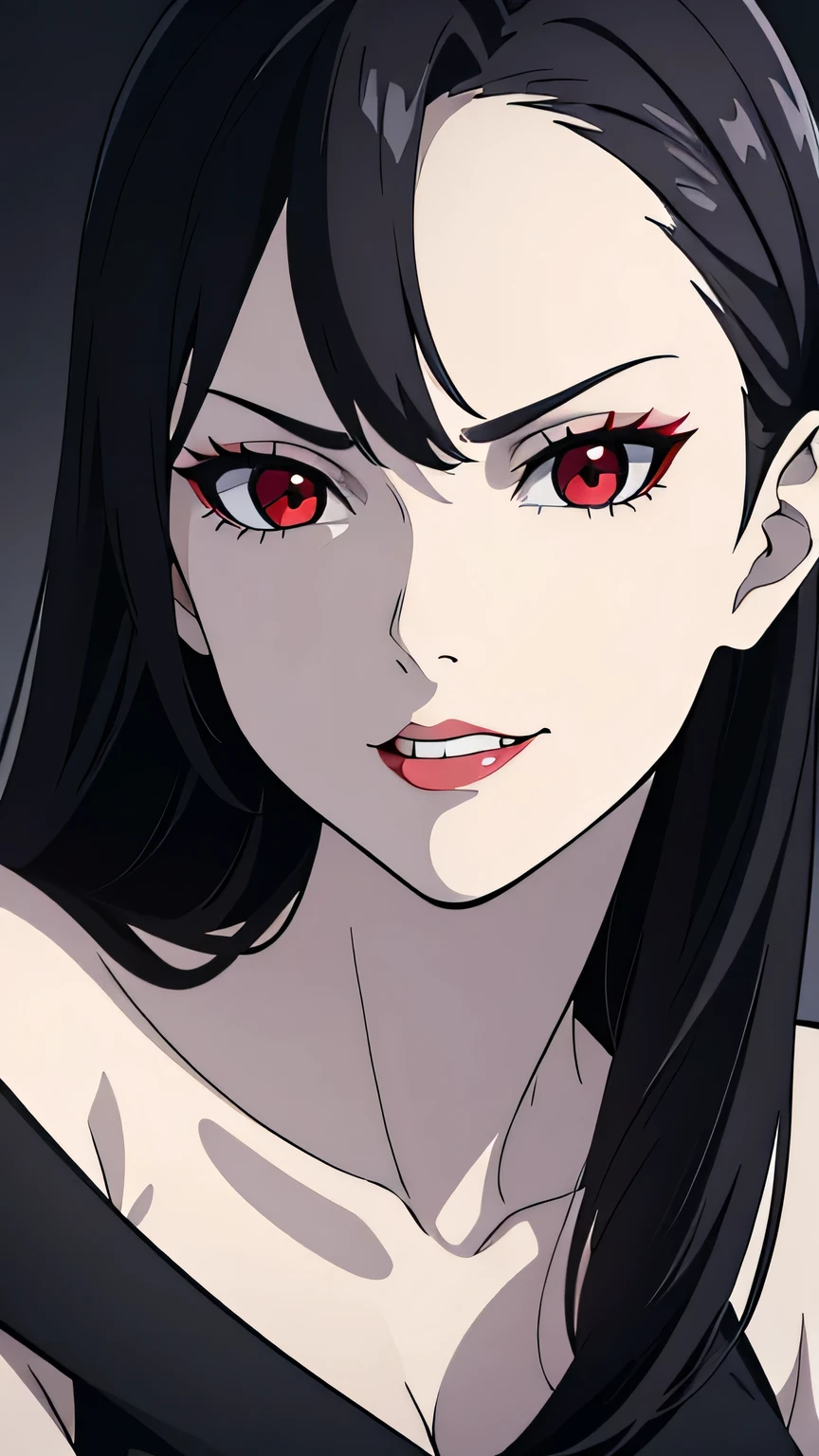 HD ANime portrait of JadeChan dressed like a demoness, "queen of the shadowkahn", intricate ancient curse tattoos, main focus, solo, alone, short hair, pale grey-skin, solid red glowing eyes, evil smile, dress with a boob_window, sexiness, sexy art, best art, huge naked tits, gigantic fat heavy breasts, slim waist, detailed face, nudity, young beauty, artwork by Yusuke Murata, live2D, ancient ruins background setting, rendered correctly,