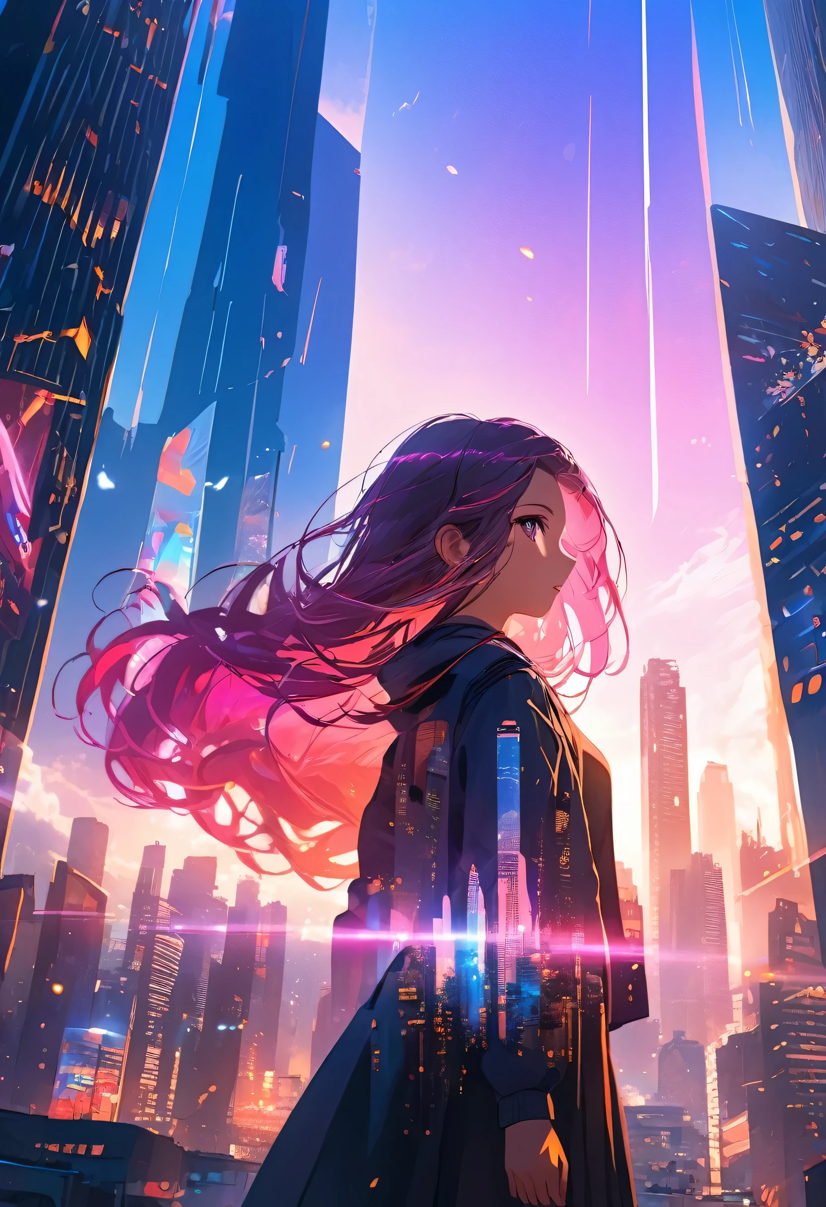{worst quality, low-quality}, An ultra-stylized, vibrant illustration of a young girl standing on a rooftop at sunset, overlooking a futuristic cityscape filled with neon lights and towering skyscrapers. She has long flowing hair, blowing in the wind, and is wearing a sleek, modern school uniform with glowing accents. The sky is a gradient of warm pinks and oranges blending into deep purples. The city below is alive with flying vehicles and holographic billboards. The girl is holding a futuristic, glowing katana, her expression determined and focused, as if she's preparing for an epic adventure. The image captures a perfect blend of nostalgia and futuristic style, with sharp, clean lines, glowing elements, and a dynamic composition. Add soft lens flare effects and light particles for a sense of magic in the air, masutepiece,Best Quality, ultra-detailliert, masterpiece, masutepiece, Best Quality,ultra-detailliert, masterpiece,