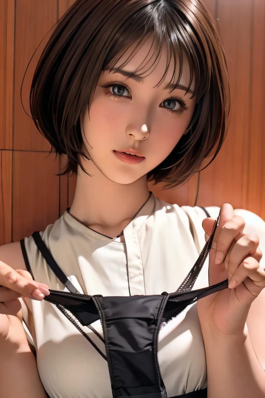 big black panties、Shortcuts、Bobcut、Short Hair、Face is close、Close face、Panties in front、Showing panties、Very big panties、Pretty big panties