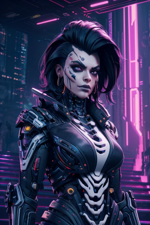 Villain, sci fi mexican cyberpunk black hair woman, awoman with a cyber skeleton face makeup, cyber skeleton face makeup, with big mohawk, cybernetic face, Xtreme,  white shirt with golden, cyberpunk 2077 staircase background, dramatic lighting, realistic colors, highres, vivid colors, stunning cyberpunk staircase background landscape background!, 8K image quality, Masterpiece