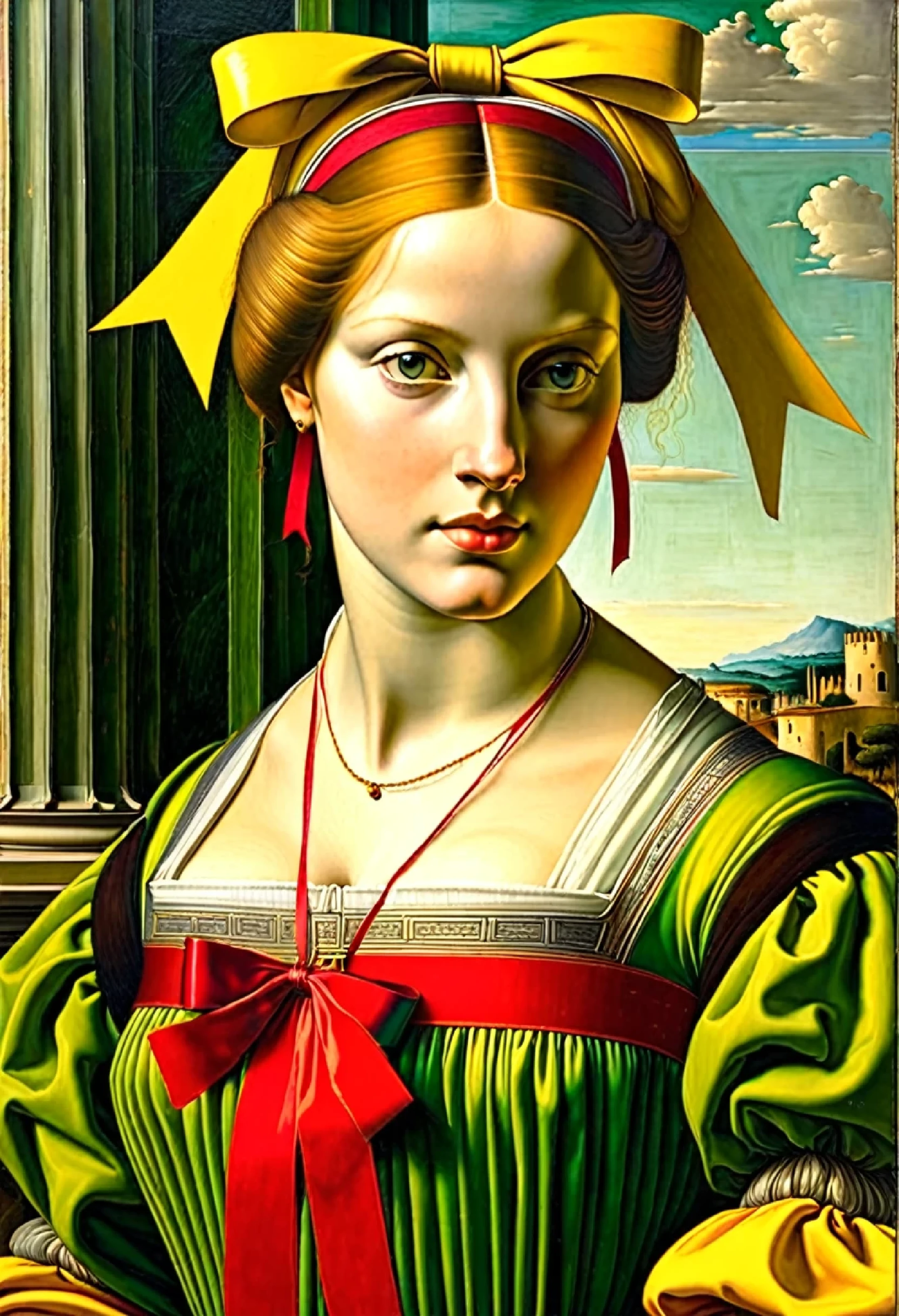 painting of a woman with a red ribbon in a green and yellow dress, digital painting renaissance, based on Domenico Ghirlandaio, in the high renaissance style, Portrait of the Renaissance, inspired by Ridolfo Ghirlandaio, in the renaissance style, inspired by Giovanni Bellini, in the style of botticelli mix, oil portrait renaissance