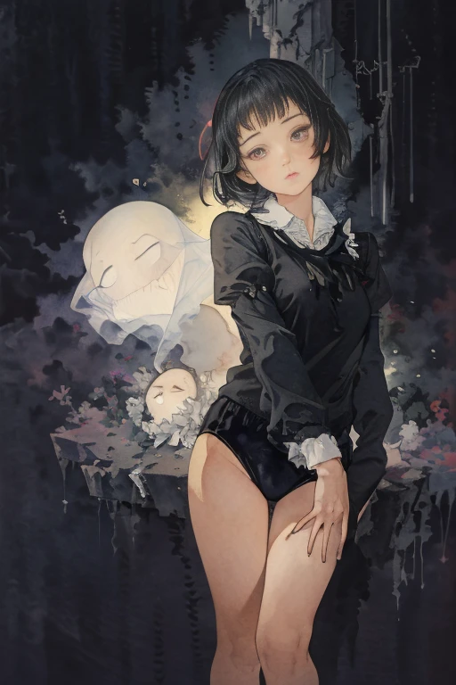 (masterpiece, highest quality),  (The ghost mansion at night), One Girl************, Black gymnastics bloomers, High leg、white blouse, standing in night ghost屋敷, Looking up 、Anxious expression, Emotional, Wide-angle, dark, Best Shadow, watercolor,ghost、devil、Death Strikes、Fate of Death