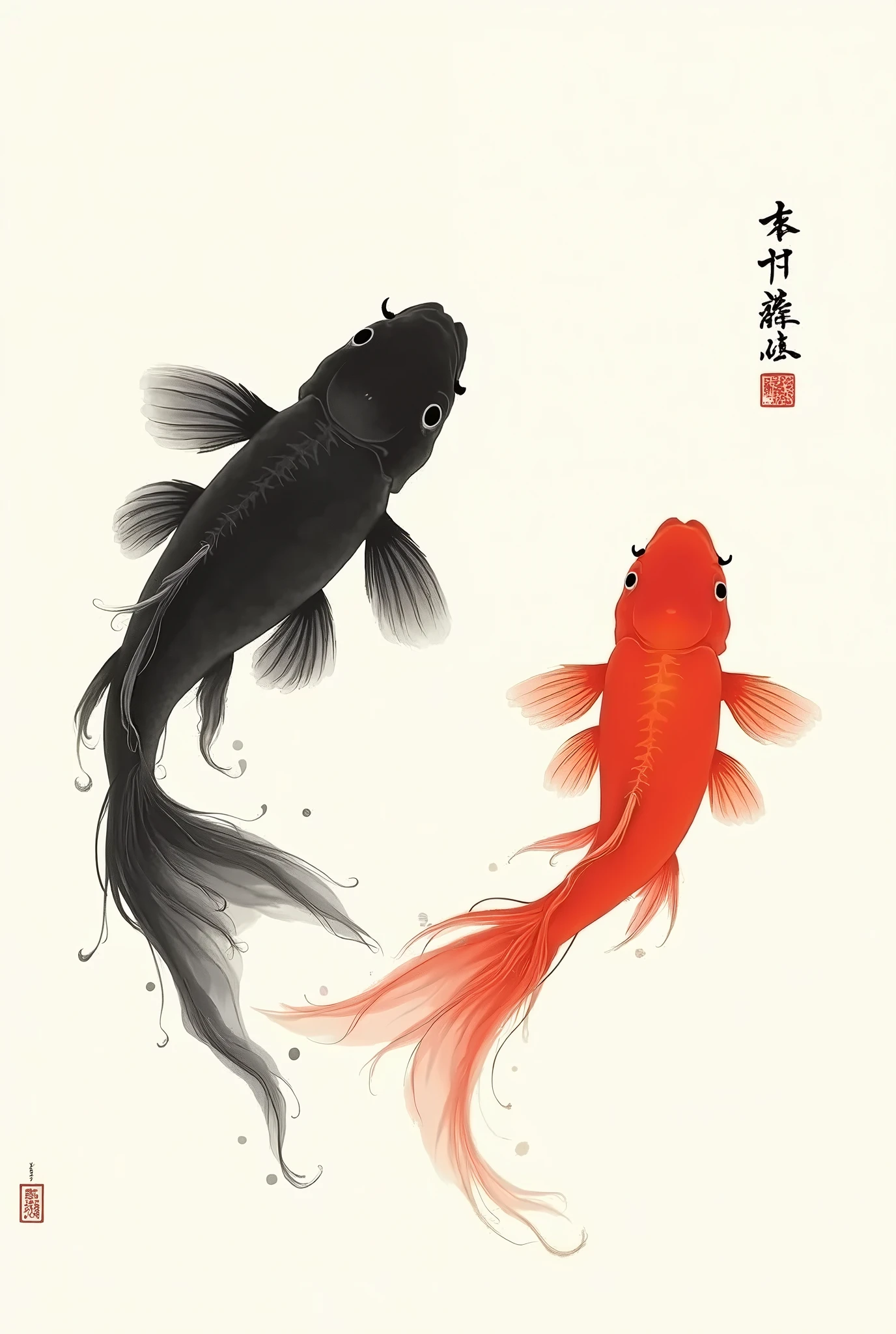 Chinese Ink Painting，Two goldfish, one black and one red, are drawn with delicate and exquisite brushwork.，(Best quality，masterpiece:1.1)