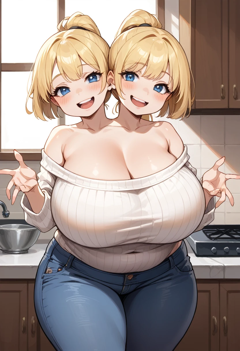 2heads, a skinny woman with 2 heads. She is inside a kitchen. She is wearing a sweater and jeans. Exposed shoulders. She has blonde hair in a ponytail. She looks young. Gorgeous young face. Flat nose, chubby cheeks. She is blushing. She looks seductive and lustful. She has gigantic breasts. She is tall. Young, gorgeous face. Happy, smiling. Seductive pose, slutty pose. Skinny, thin. Sexy pose, sexy. Gigantic thighs. 