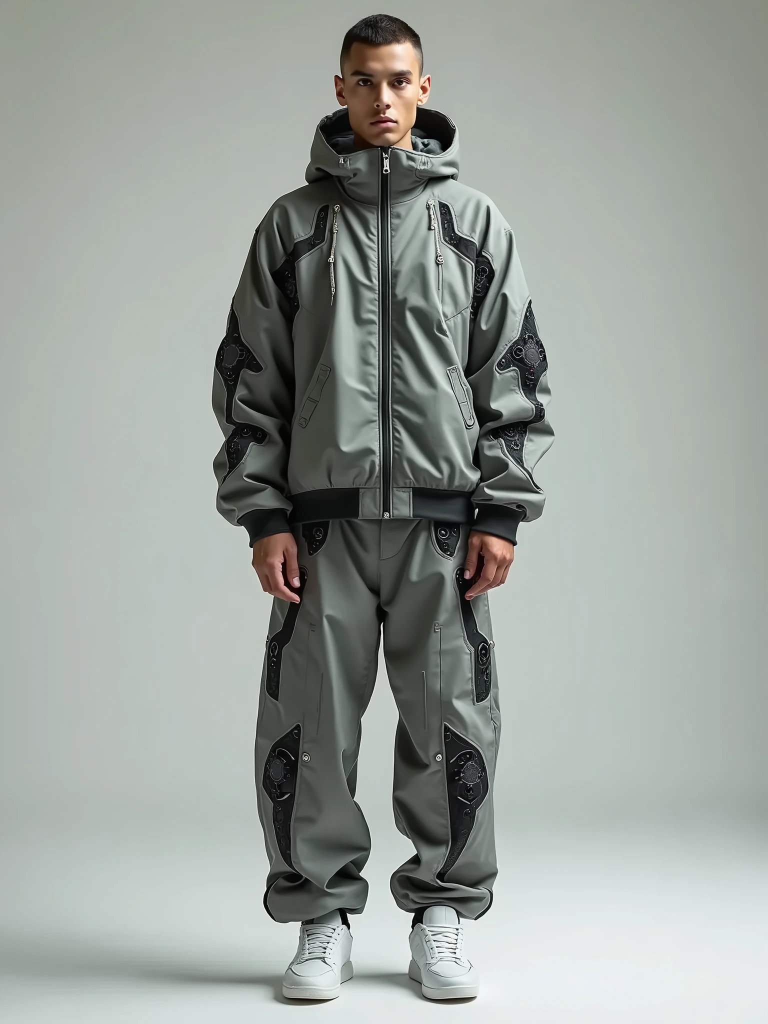 (acronym:1.2, tech wear:1.2, studio photography:0.9, hamcus:1.1), mesh jacket or vest, detailed and textured fabricks (worn by the model), dark and moody lighting, minimalistic background, futuristic vibe.