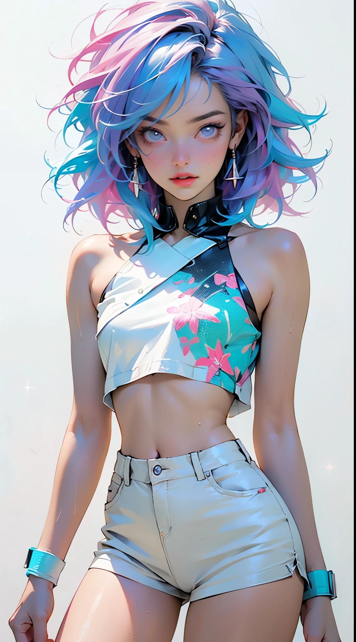 （Pink Fashion T-shirt：1.9），(Colorful hair: 1.8), (all the colours of the rainbow: 1.8),(((((vertical painting：1.6))), （painting：1.6），front, comics, illustrations, paintings, large eyes, crystal clear eyes,（ rainbow color gradient high ponytail：1.7）, exquisite makeup, closed mouth,(Small Fresh: 1.5),(Wipe Chest: 1.6) ，long eyelashes, white off shoulder T-shirt,  White Shoulder Shirt，looking at the audience, large watery eyes, (rainbow colored hair：1.6), color splash, （solo：1.8）, color splash, color explosion, thick paint style, messy lines, ((shining))，(colorful), (colorful), (colorful), colorful, Thick Paint Style, (Splash) (Color Splash), Vertical Painting, Upper Body, Paint Splash, Acrylic Pigment, Gradient, Paint, Highest Image Quality, Highest Quality, Masterpiece, Solo, Depth of Field, Face Paint,  colorful clothes, (Elegant: 1.2), gorgeous,long hair, wind, (Elegant: 1.3), (Petals: 1.4)，(((masterpiece))),(((best quality))),((ultra-detailed)),(illustration),(dynamic angle),((floating)),(paint),((disheveled hair)),(solo),(1girl) , (((detailed anima face))),((beautiful detailed face)),collar,bare shoulders,white hair, ((colorful hair)),((streaked hair)),beautiful detailed eyes,(Gradient color eyes),(((colorful eyes))),(((colorful background))),(((high saturation))),(((surrounded by colorful splashes))), (glamorous body:1.7),(cortch tattoo:1.3), (from below:1.2), sexy intricate dress, V string, see through, (Best quality, 8k, Masterpiece :1.3), (realistic, photorealistic: 1.37), (Pretty woman in her 20s), (sparkling diamonds), (emphasizing slender abs:1.3), (loose lace top, tight lace open crotch shorts that accentuate her big buttocks), (belly button:1.4), transparent top clothing,(random sexy pose), (looking back at me), (wet body), (long hair, random hairstyle), (large breasts :1.3), sexy Succubus, hypnotized, with hanging breasts, pantyhose, mouth open drool trail coming out,  drool puddle between cleavage, shiny lips, love juicy out, sexy nodes, NSFW,