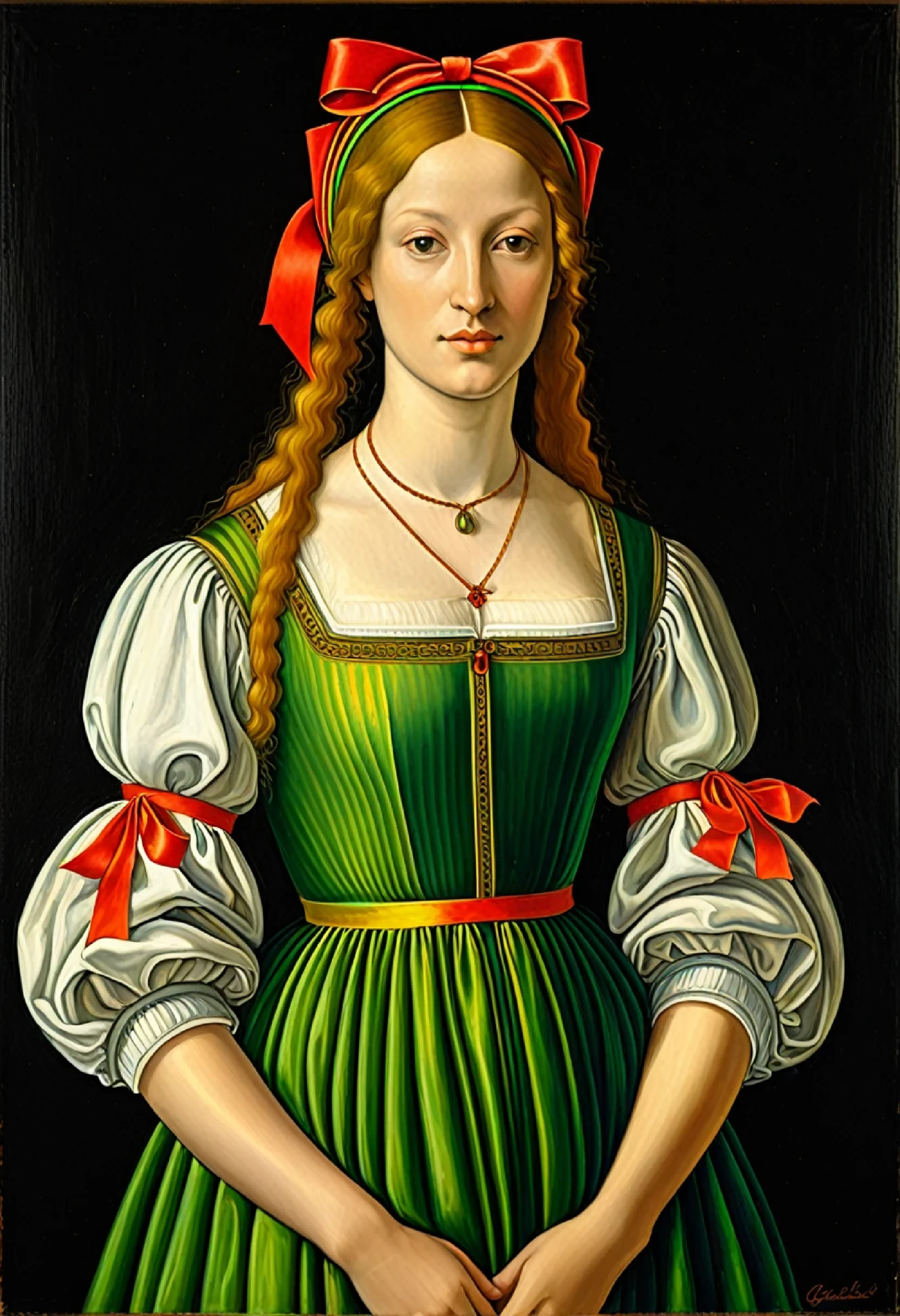 painting of a woman with a red ribbon in a green and yellow dress, digital painting renaissance, based on Domenico Ghirlandaio, in the high renaissance style, Portrait of the Renaissance, inspired by Ridolfo Ghirlandaio, in the renaissance style, inspired by Giovanni Bellini, in the style of botticelli mix, oil portrait renaissance