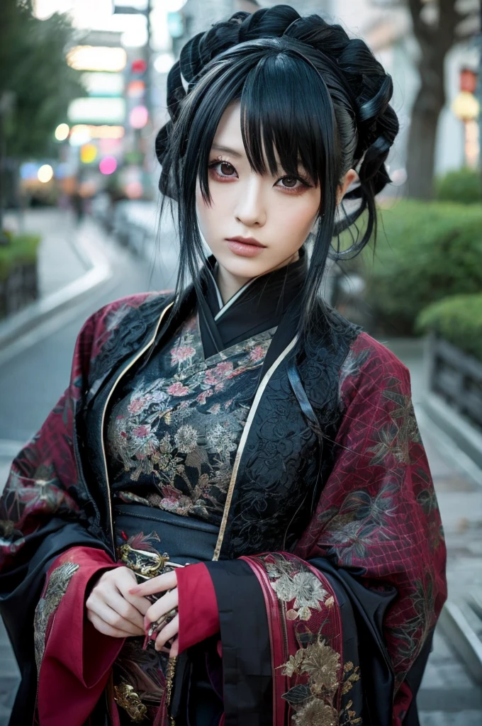 1 Japanese woman, Asian eyes, Visual kei hairstyle, 30 years old, Visual kei outfit, ultra detailed face and eyes, hyperrealistic, realistic representation