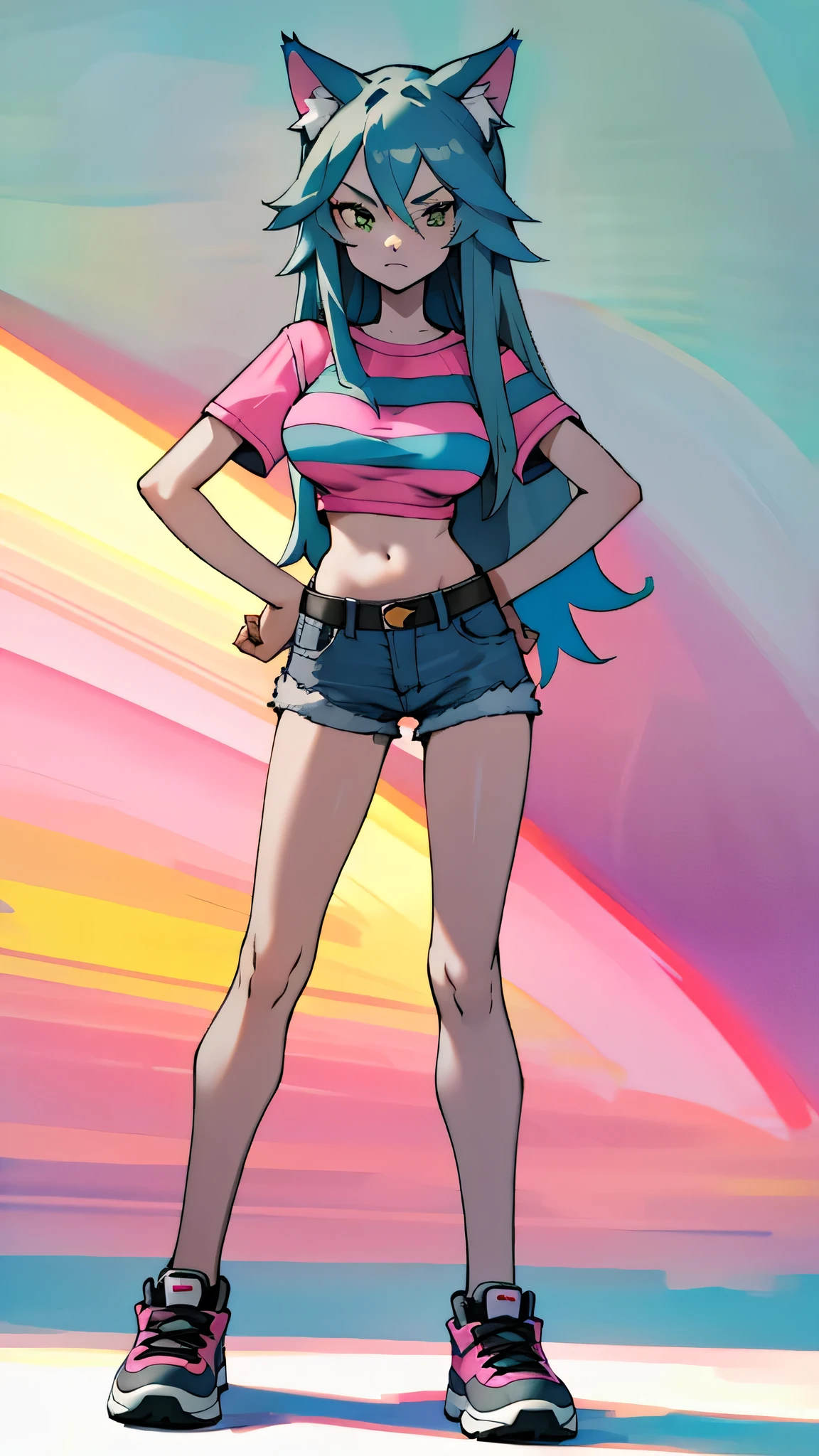 Masterpiece, Best quality, Masterpiece, Best quality, 1 woman, green eyes, Cat ears, Long blue hair with pink stripes, gray t-shirt , Sly face, Denim shorts, Belly, Big breasts, Long legs, sneakers , Hands on hips