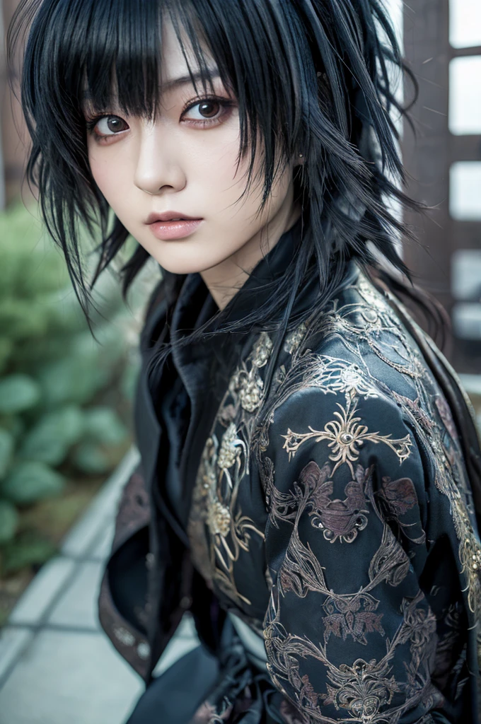 1 Japanese woman, Asian eyes, Visual kei hairstyle, 30 years old, Visual kei outfit, ultra detailed face and eyes, hyperrealistic, realistic representation