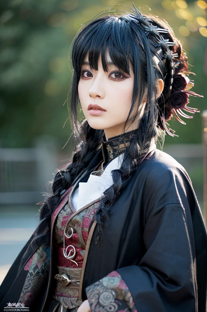 1 Japanese woman, Asian eyes, Visual kei hairstyle, 30 years old, Visual kei outfit, ultra detailed face and eyes, hyperrealistic, realistic representation