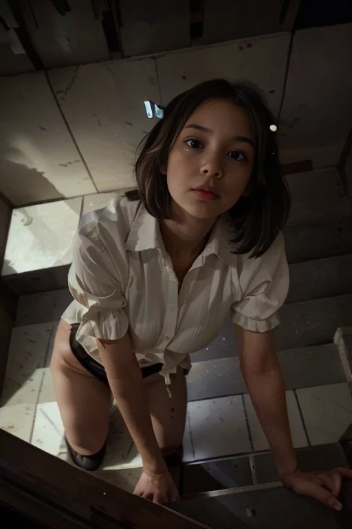 (masterpiece, highest quality),  (The ghost mansion at night), One Girl, young teen, Black gymnastics bloomers, High leg、white blouse, standing in night ghost屋敷, Looking up 、Anxious expression, Emotional, Wide-angle, dark, Best Shadow, watercolor,ghost、devil、Death Strikes、Fate of Death、Going up the stairs、Looking down from above