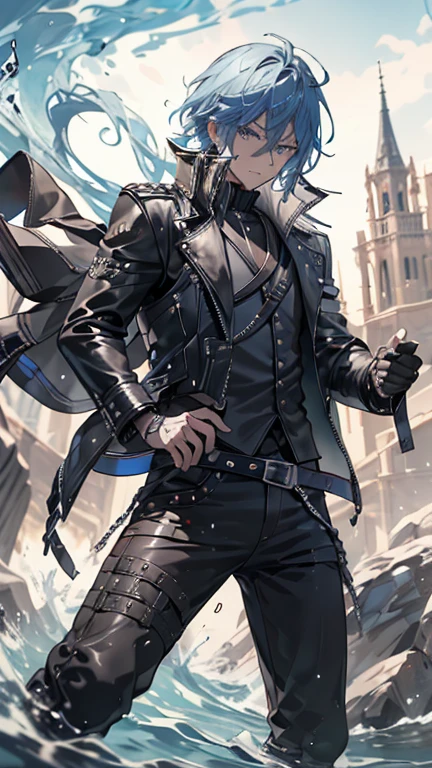 Create an image for me. The guy is around 178cm. He is muscular (not that much). He has blue hair (light). He is in the infinity castle falling into it. His clothing is black leather jacket with a white vest inside and black pants. he is pretty formal. he is the music hashira. He has a very unique weapon. Two swords shaped like mitsuri's but in the music symbol. He has also manifested his mark. He looks kinda worried as yk he is falling in the infinity castle. worried in terms of being hot. His sword leaves out music particles (i guess light blue). His eyes are black. His skin is white. (normal not fully). 
