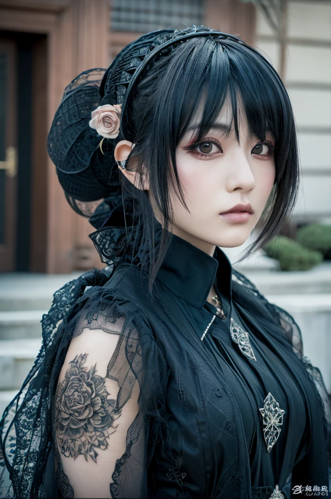 1 Japanese woman, Asian eyes, Visual kei hairstyle, 30 years old, Visual kei outfit, ultra detailed face and eyes, hyperrealistic, realistic representation