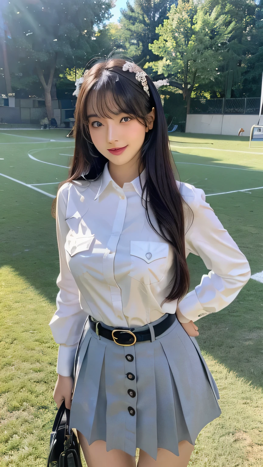 female student、20yr old、long whitr hair、realistically、k hd、short skirt、Symmetrical thighs、Have a well-proportioned figure、It looks beautiful