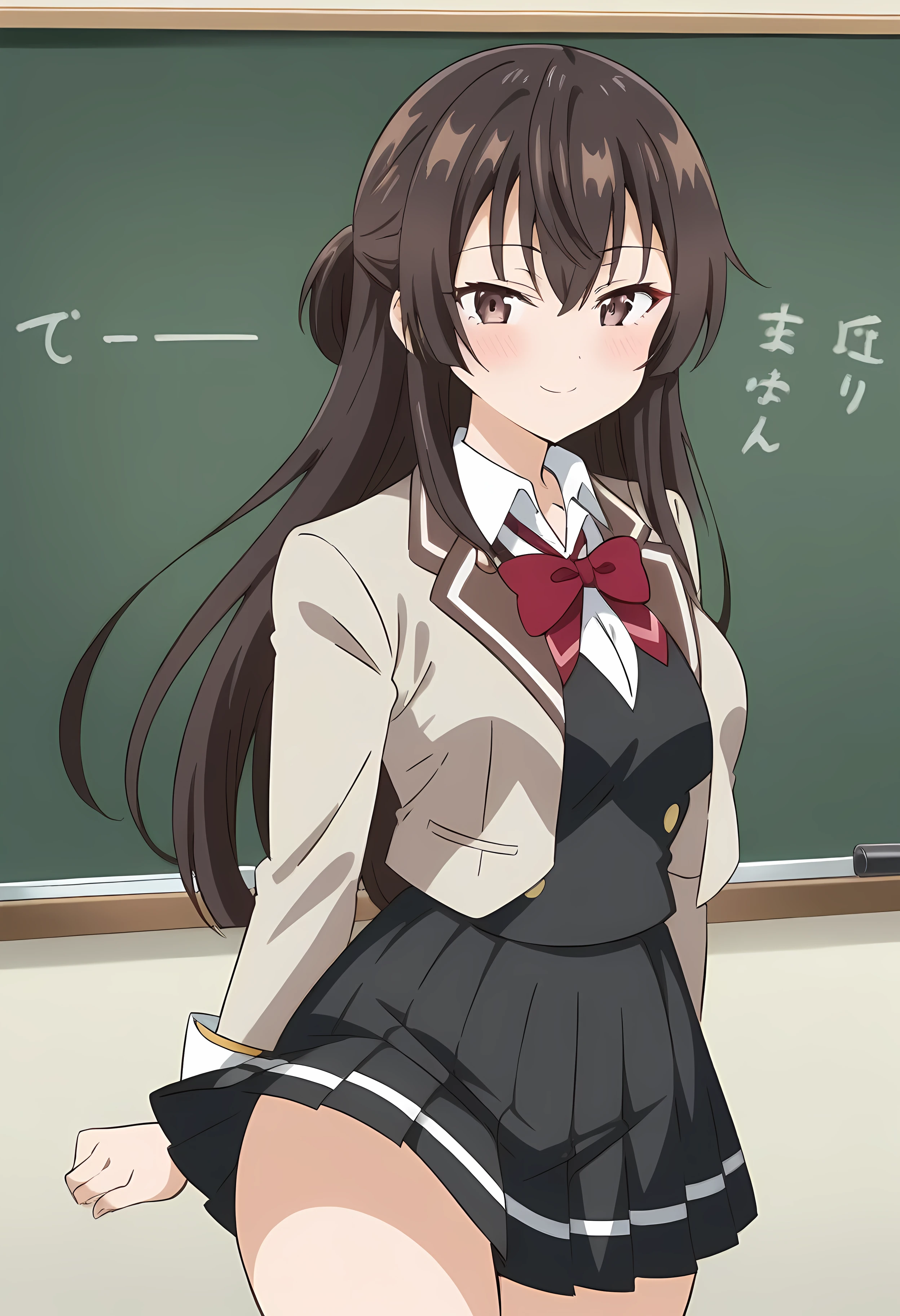 (anime art style:1.0), 2d, masterpiece, best quality, very aesthetic, absurdres, dynamic shadows, atmosferic, souo_yuki, (1girl), (brown hair), long hair, brown eyes, narrow eyes, hair between eyes, sidelocks, bangs, medium breasts, curvy body, makeup, intense blush, collarbone, (school uniform:1.0), collared shirt, beige blazer, crop blazer, open blazer, red bow, bowtie, black vest, black skirt, pleated skirt, sexy smile, cowboy shot, from front, standing, looking at viewer, chalkboard