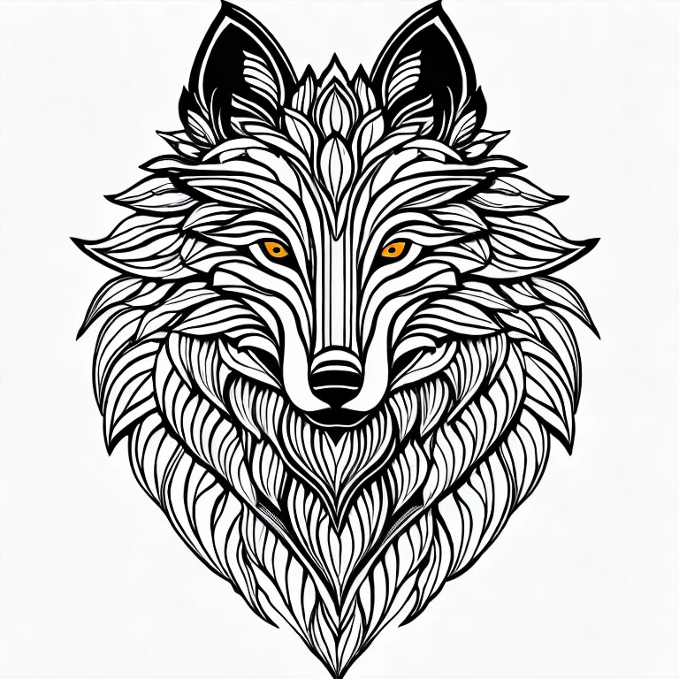 wolf, adult coloring book, medium intricate edged poligonal forms inside without shadows, vivid colors, a4 format, blackbackground