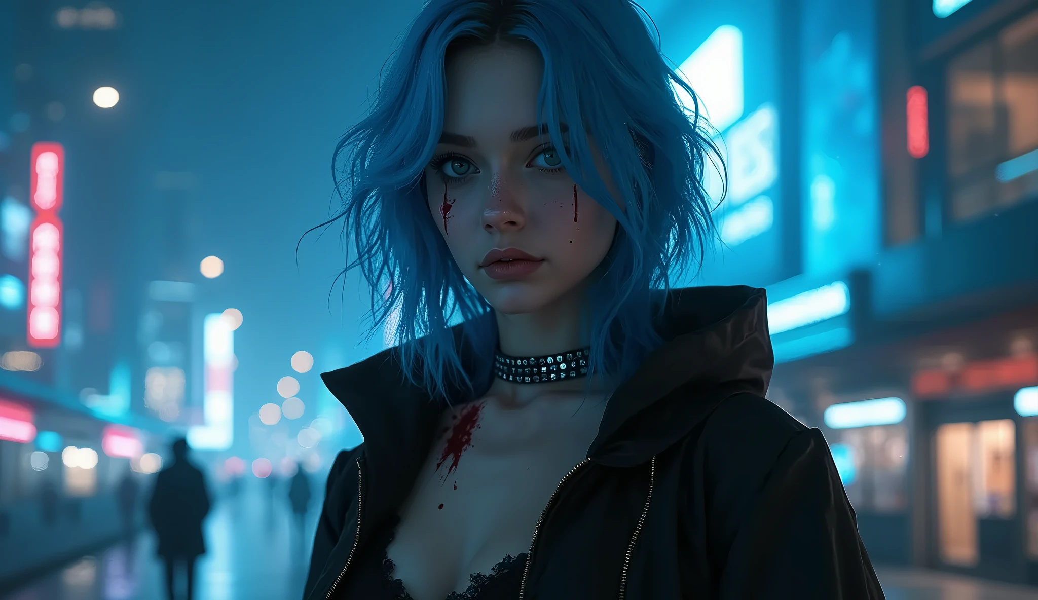 (photorealism:1.2), beautiful woman, withj blue hair , dressed with college clothes in post apocalyptic city with dirty and blood in face ,post apocalyptic city in backgroun night 
