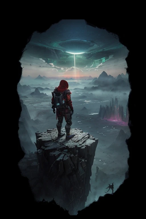 Surreal science fiction concept art, Futuristic cyberpunk folklore, post human apocalypse, harsh survivalism, epic composition, A hooded, synthetic humanoid cyborg, weathered and in tattered clothes, sits at the edge of a towering cliff on a barren exoplanet, staring into the fiery horizon of a dying world. The vast landscape below reveals forgotten rainforests and the ruins of a lost city, all illuminated by crepuscular rays cutting through an eerie, red haze. The atmosphere is surreal, blending moody colors and gritty textures in a cinematic, apocalyptic setting. The cyborg embodies strength and solitude, surrounded by a strange, vivid fusion of warmth and cold hues in this haunting sci-fi epic folklore."