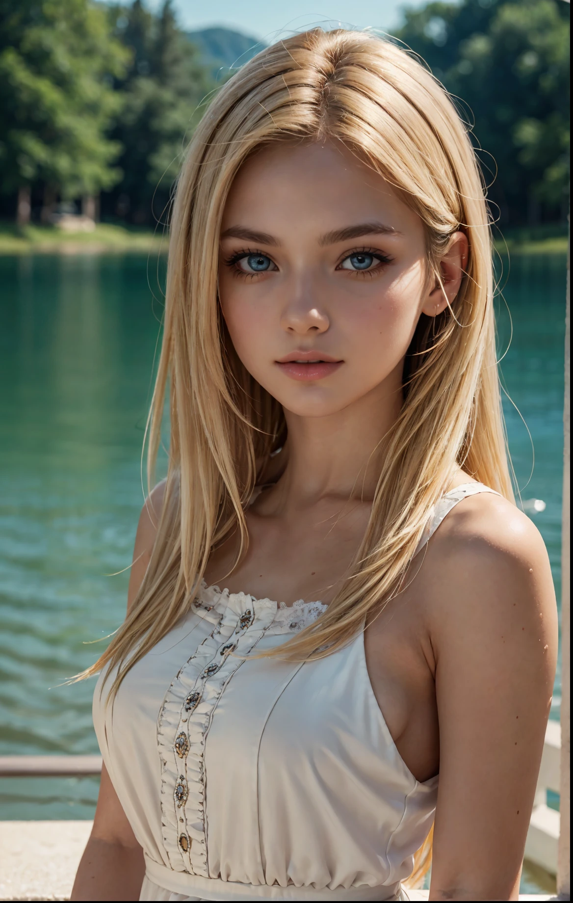 masterpiece, highest quality, ultra detail, illustration, beautiful detail, depth of field, dynamic angle, 8k wallpaper, portrait, best light and shadow quality, 4k, 8k, cg, fine detail, blurred background, upper body, contemporary, dress, blonde, long hair, beautiful eyes, beautiful splash, beautiful lake,