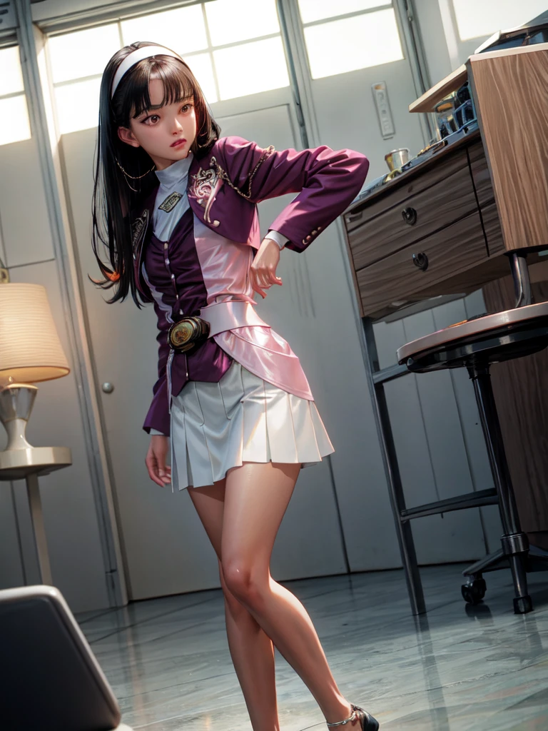 (Highly detailed CG), (Best Quality), One woman, Perfect Face,  Shiny skin, Shiny skin, Wide Hips, Small waist,  ,Meiju,jacket,White Skirt, Straight Hair,Hairbands,Long sleeve, belt, Black Hair,indoor,despair, 