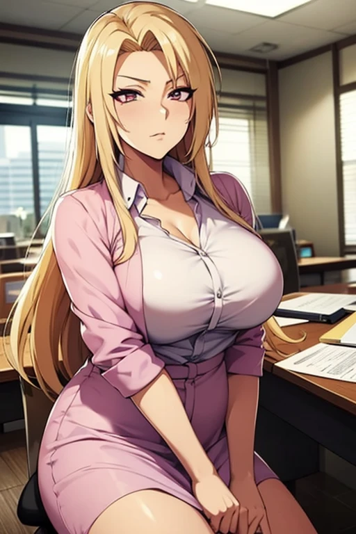 Tsunade from the Naruto anime wearing a pink button down shirt, dress type and with neckline. She is in her office. Leaning on a desk