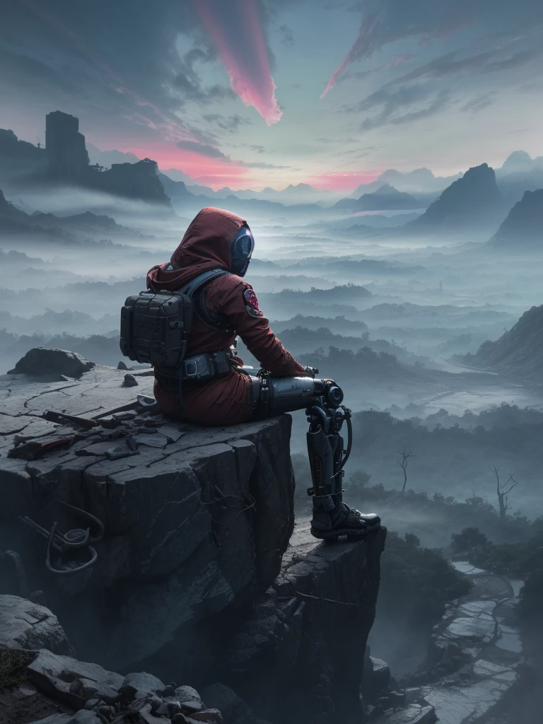 Surreal science fiction concept art, Futuristic cyberpunk folklore, post human apocalypse, harsh survivalism, epic composition, A hooded, synthetic humanoid cyborg, weathered and in tattered clothes, sits at the edge of a towering cliff on a barren exoplanet, staring into the fiery horizon of a dying world. The vast landscape below reveals forgotten rainforests and the ruins of a lost city, all illuminated by crepuscular rays cutting through an eerie, red haze. The atmosphere is surreal, blending moody colors and gritty textures in a cinematic, apocalyptic setting. The cyborg embodies strength and solitude, surrounded by a strange, vivid fusion of warmth and cold hues in this haunting sci-fi epic folklore."