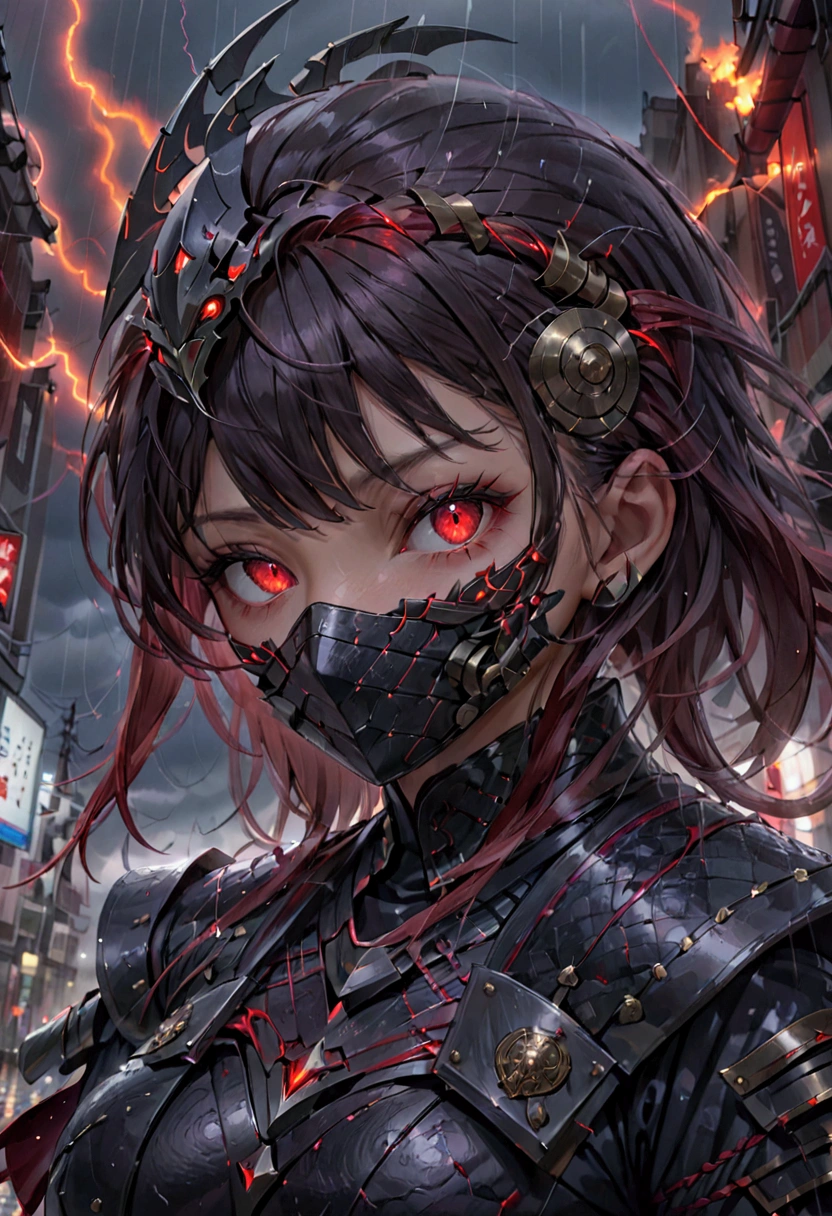 1 Japanese girl, Warframe, Complex patterns, heavy metal, Energy Line, The Faceless, Glowing eyes, elegant, intense, Blood red and black, Solitary, Modern, City, street, dark clouds, thunderstorm, Heavy rain,, Dramatic Lighting,, (masterpiece:1.2), best quality, high resolution, Exquisite and detailed, Extremely detailed, Perfect lighting,