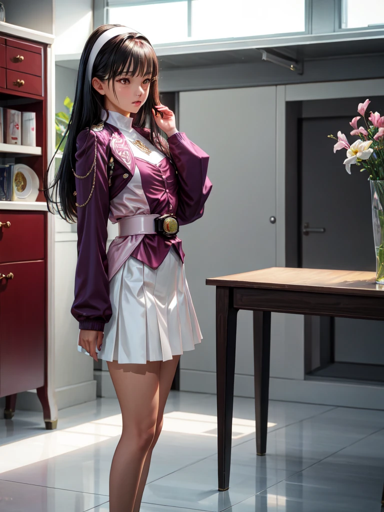 (Highly detailed CG), (Best Quality), One woman, Perfect Face,  Shiny skin, Shiny skin, Wide Hips, Small waist,  ,Meiju,jacket,White Skirt, Straight Hair,Hairbands,Long sleeve, belt, Black Hair,indoor,I want to cry, 