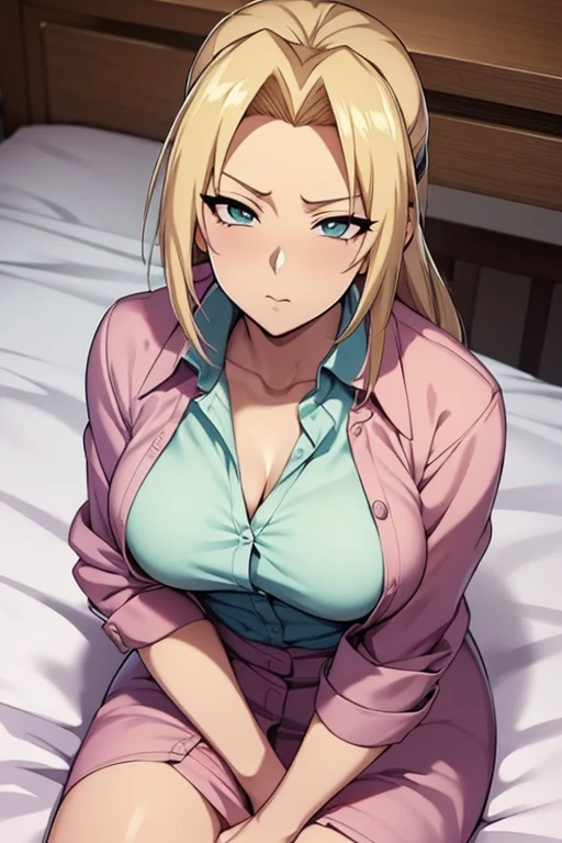 Tsunade from the Naruto anime wearing a pink button down shirt, type dress and unbuttoned. She is in her office. She is lying on a white bed. photo taken from above, Tsunade from the anime Naruto lying on a bed