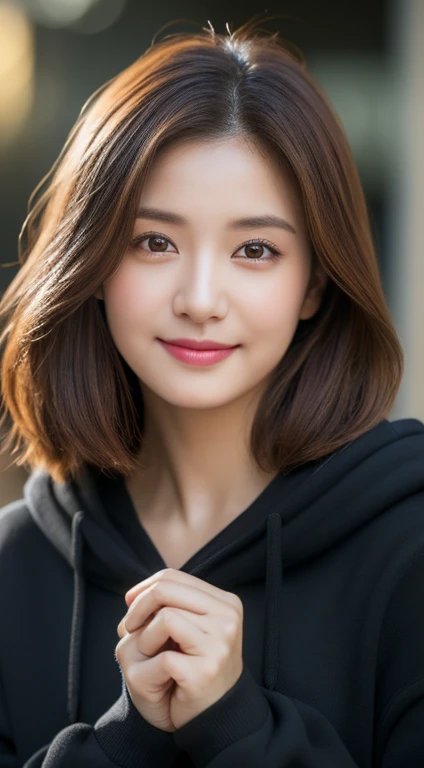 ((night, realistic light, best quality, 8K, master piece:1.3)), 1 girl, Beautiful woman with slim figure:1.4, abs:1.1, (brown hair, medium chest:1.3), Pink long sweater:1.1, Extra-fine face，delicate eyes，double eyelid，smile，（（（at the mall）））delicate clavicle
