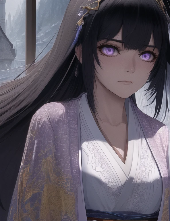 A beautiful young woman, 1girl, detailed realistic portrait, big piercing lilac eyes, long straight black hair with hime fringe, wearing a lilac kimono with white and gold details, melancholy expression, intricate detailed face, highly detailed, 8k, photorealistic,dramatic cinematic composition, masterpiece, studio lighting, depth of field, ultra-fine details