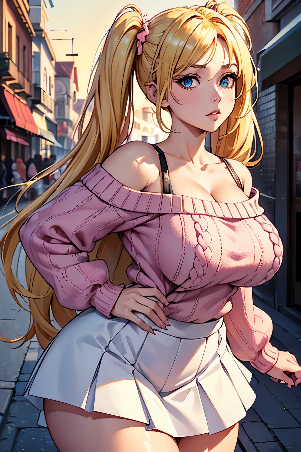 Masterpiece, best quality, absurdres, woman, standing, facing viewer, (arms behind back), (street), (shopping street), outdoors, sunset, (blonde hair), (twintails hair:1.1), (hairclip:1.1), (pink sweater:1.1), (off-shoulder), loose sweater, (white skirt:1.1), (layered skirt), (hyper realistic), (highest detailed), (high resolution), (sharp focused), (wallpaper), (intricate detail), (highest quality), (detailed face and eyes:1.2), (perfect anatomy), (round breasts), (bubble butt), (wide hips:1.1), (slim waist:1.1), (thick thighs:1.1), (detailed background), (perfect nails:1.1), (detailed hand and finger:1.2), (medium breasts:1.2), (busty), (deep cleavage:1.2), (labia outline:1.3), (hard teat:1.3).