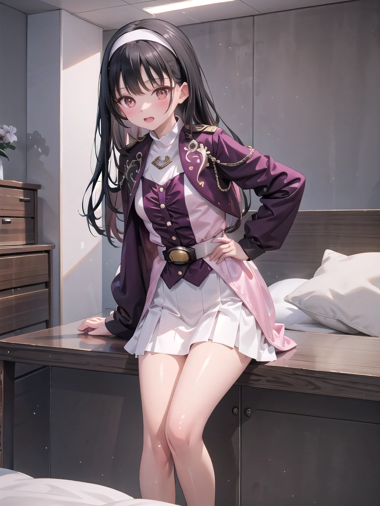 (Highly detailed CG), (Best Quality), One woman, Perfect Face,  Shiny skin, Shiny skin, Wide Hips, Small waist,  ,Meiju,jacket,White Skirt, Straight Hair,Hairbands,Long sleeve, belt, Black Hair,indoor,Open your mouth a little, 